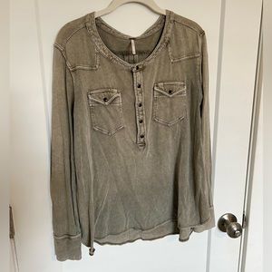 Free People Khaki Buttoned Long Sleeve Top